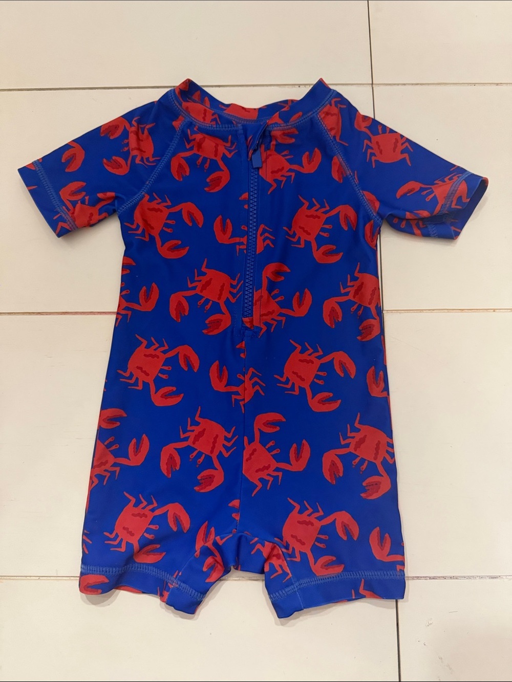 Bright Blue Kids Rash Guard Swimsuit Romper with Red Crab Print